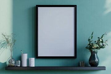 minimalist shelf displays blank frame, vase with greenery, and decorative items against soothing teal wall. This serene setup enhances any modern interior