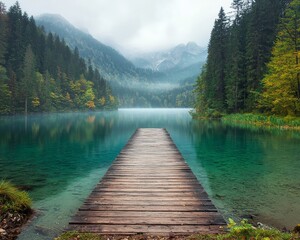 Fototapeta premium Tranquil Misty Mountain Pier Serene Woodland View with Foggy Peaks and Pier Reflections, Peaceful Nature Landscape for Wall Art or Travel Blogs