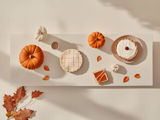 Aesthetic Elegant Minimalist Thanksgiving Table with Pumpkins and Pies, Aerial view, Top Down Design