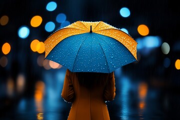 Hyper-realistic single person walking in the rain, with detailed water droplets and reflections, evoking a serene and contemplative mood