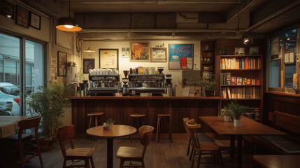Cozy Cafe Interior with Warm Lighting and Wooden Decor