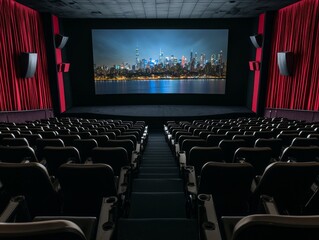 Fototapeta premium Immersive Cinema Experience Symmetrical Rows in Dark Movie Theater with Cityscape Screen - Cinematic Atmosphere of Anticipation and Mystery