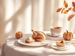 Elegant Minimalist White and Beige Thanksgiving Table with Geometric Turkey and Pie
