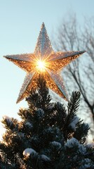 Sparkling Star Atop a Christmas Tree at Sunset