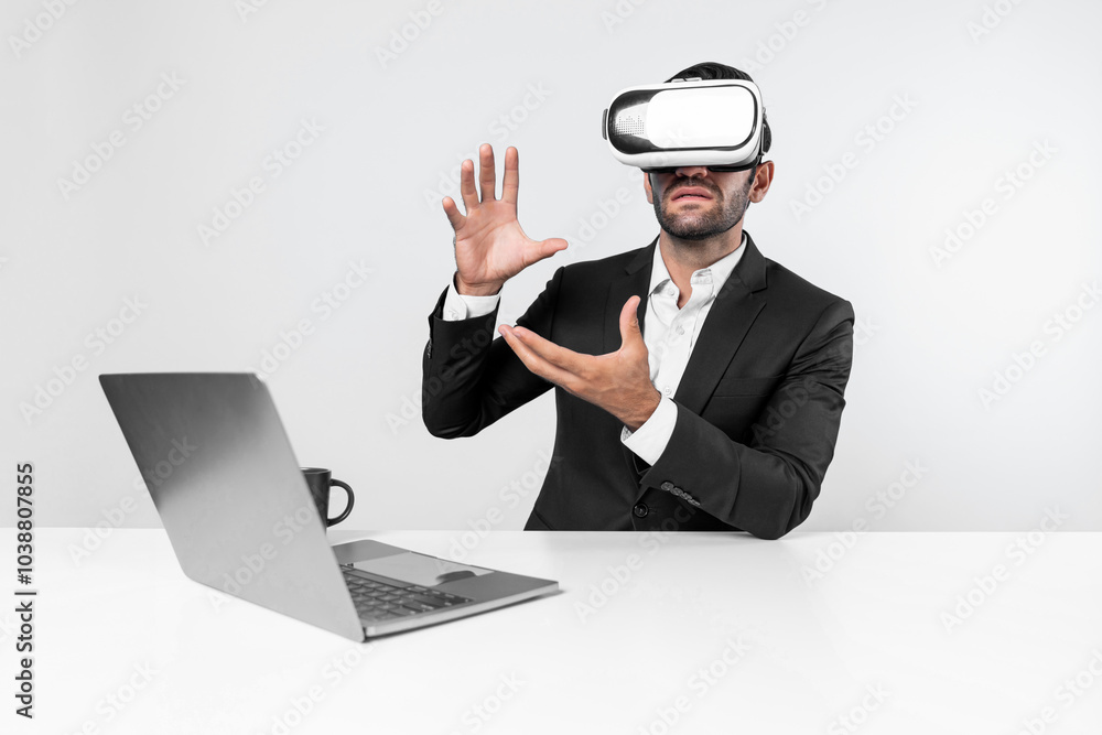 Poster professional project manager looking by using vr goggle while sitting at laptop. skilled business ma