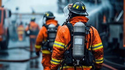 Fototapeta premium Firefighters with breathing apparatus battling a chemical spill fire, hazardous materials response, dangerous industrial firefighting