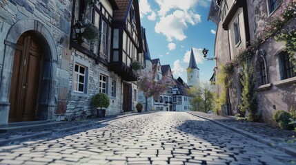 Obraz premium A cobblestone street in a historic European town