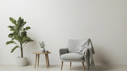 Minimalist Living Room with a Cozy Armchair and Green Plant