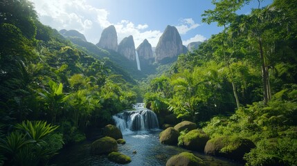 Enchanting Waterfall Oasis in Verdant Tropical Rainforest - Lush Jungle Fantasy of Tranquility and Beauty