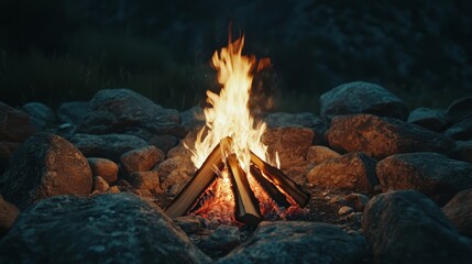 Enchanting Campfire Glow Intimate Macro View of Vivid Flames in Stone Circle Setting - Cozy Evening Escape into Nature Warm, Tranquil, Outdoor Adventure