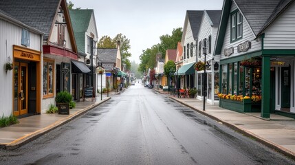 Fototapeta premium A quaint, empty street lined with charming shops under a gray sky, conveying a peaceful yet moody atmosphere.