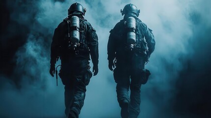 Fototapeta premium A fire rescue team using a thermal camera to search for people in a smokefilled room, advanced firefighting technology concept