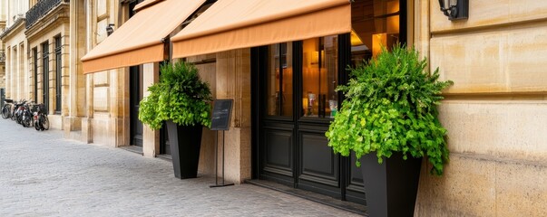Naklejka premium A charming entrance of a café with lush greenery and a warm awning, inviting patrons to enjoy a cozy atmosphere.