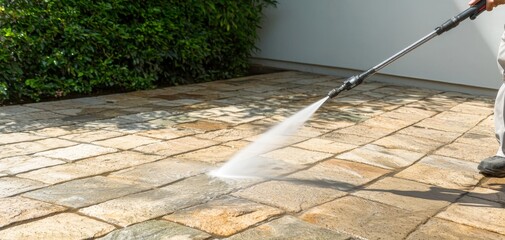 Powerful Jet of Water Cleaning Stone Patio Outdoors under Bright Sunlight - Home Exterior Cleaning Concept
