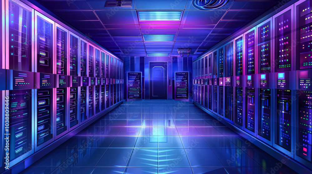 Poster large room with many computer servers. the room is illuminated with a blue light. the servers are al