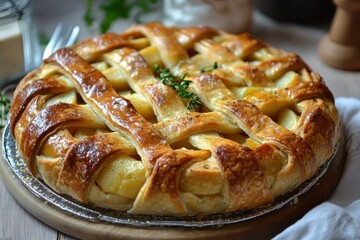 A robust pie of potatoes apples and cheese on shortbread crust Swiss savory pastries