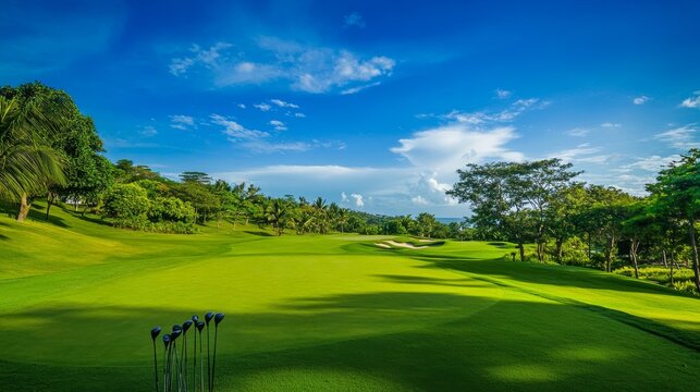 An exhilarating golf course with vibrant fairways and lush greens, Golf clubs arranged near a scenic tee box, Sporting elegance style