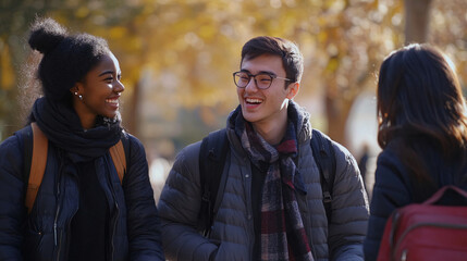 Fototapeta premium Happy international students enjoying sunny day outdoors, sharing laughter and conversation amidst autumn foliage. Their diverse backgrounds create vibrant atmosphere