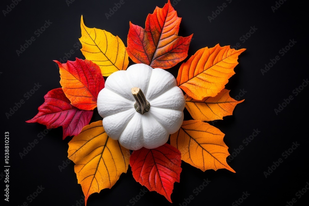 Aufkleber minimalist fall leaf arrangement, with a single branch of colorful autumn leaves and a simple white 