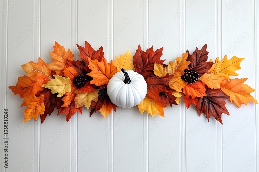 Aufkleber minimalist fall leaf arrangement, with a single branch of colorful autumn leaves and a simple white 