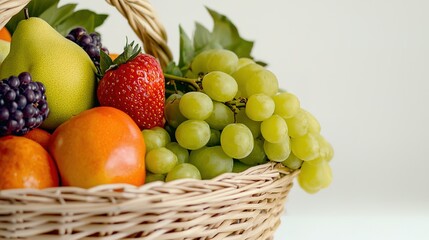 A vibrant basket filled with assorted fresh fruits, including grapes, strawberries, pears, and oranges, set against a light background.