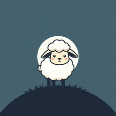 Fototapeta premium A cute cartoon sheep stands on a grassy hill under a full moon at night, creating a whimsical and serene atmosphere in the landscape