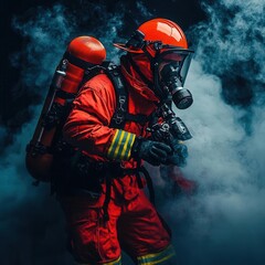 Obraz premium Firefighter using a thermal imaging camera to locate victims inside a smokefilled room, advanced rescue technology concept