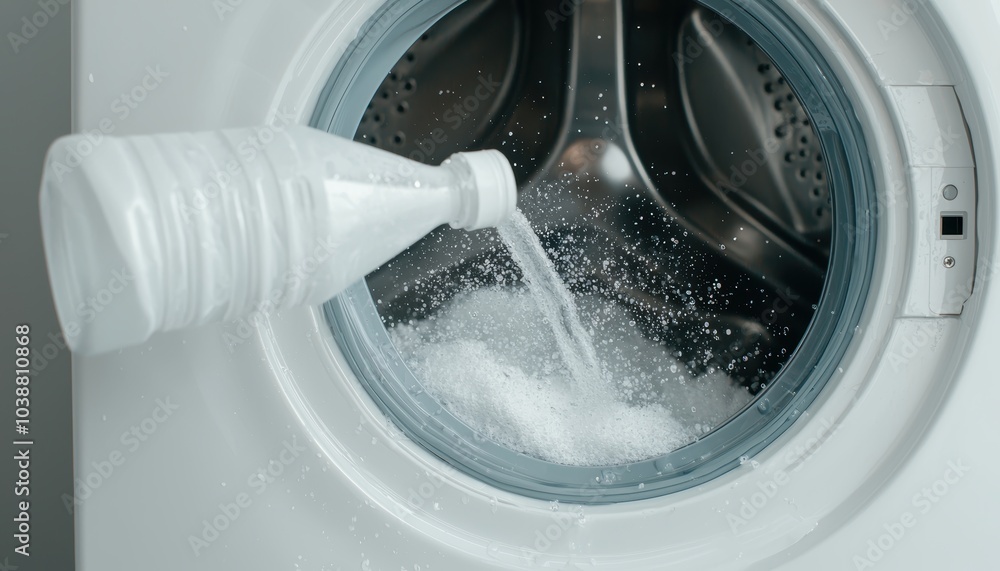 Wall mural person pouring detergent into a washing machine, highlighting the process of laundry and home mainte