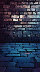 Textured brick wall with a blue hue illuminated by soft light in a dimly lit space