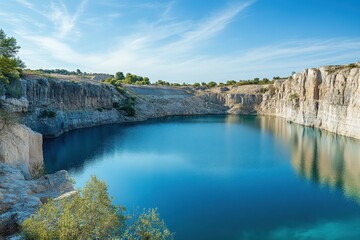 A stunning blue lake under a clear sky in a granite quarry highlighting peaceful nature and rough industrial scenery