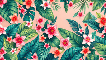 pattern seamless of tropical leaves, flowers  on trend color background. Banner with tropic summertime topic wrapping paper, textile or wallpaper design,background, bed linen isolated with white hig