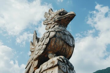 Fototapeta premium A tree carved bird symbol in Korea with a blue background