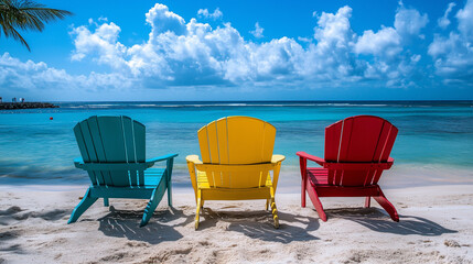 Deck chairs by the ocean on a sunny day with a clear blue sky.