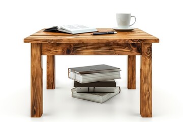 A wooden study table with a pile of textbooks, a pen, and a mug isolated on white