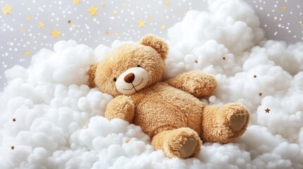 A cuddly teddy bear peacefully snoozing on soft clouds, with twinkling stars in the background, creating a serene and dreamy scene, isolated on a white background