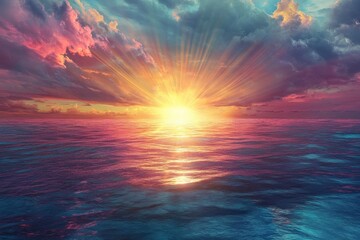 Fototapeta premium A vibrant surreal sunset over the ocean with sun rays in banner format