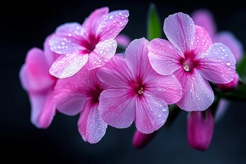 Obraz premium Phlox flowers in a dark, misty garden, their soft purple petals glowing eerily in the dim light