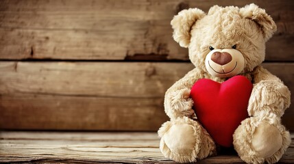 Obraz premium A fluffy teddy bear sits on a wooden floor cuddling a red heart, creating a cozy and heartwarming scene.