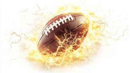 A football amidst dynamic yellow lightning bolts, capturing the raw energy and intensity of the game, isolated on a clean white background