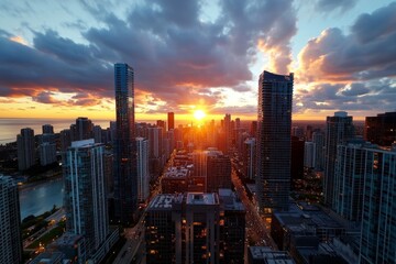 Fototapeta premium Pixel art city skyline at sunset, with blocky buildings and a pixelated sun sinking below the horizon