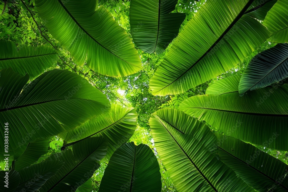 Poster rainforest canopy with rays of light filtering through the leaves, illuminating the lush green jungl