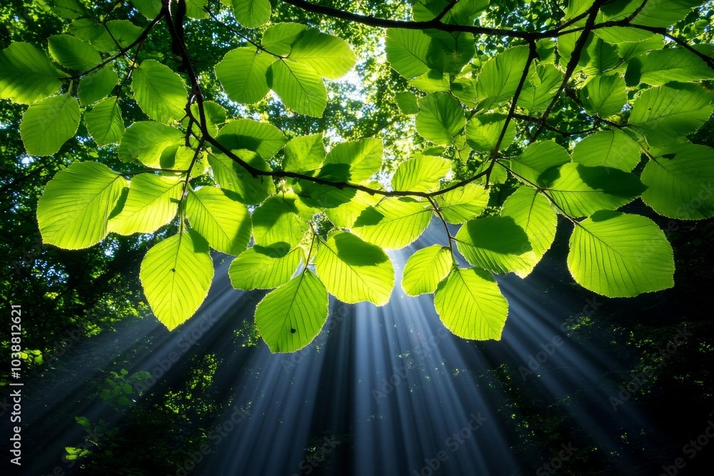 Poster rainforest canopy with rays of light filtering through the leaves, illuminating the lush green jungl