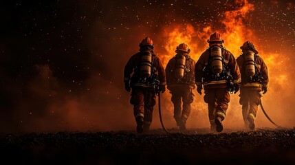 Fototapeta premium Team of firefighters in reflective gear, silhouetted by flames, teamwork in action, fire rescue concept, intense smoke and heat effects