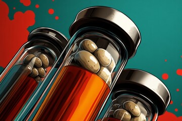 Retro medical illustration of a vaccine vial and syringe, with muted colors and a nostalgic design