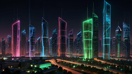 Beautiful cyber cityscape against black night background
