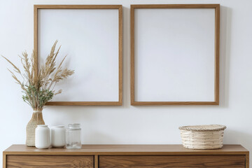 Minimalist decor featuring empty wooden frames, vase with dried flowers, and wooden sideboard. serene arrangement creates calming atmosphere