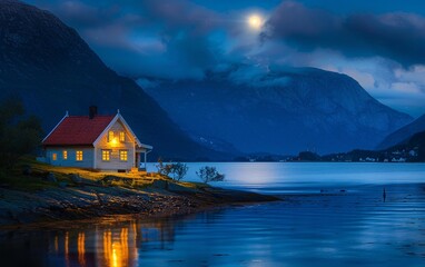 Fototapeta premium Norwegian beautiful house lit by the midnight sun