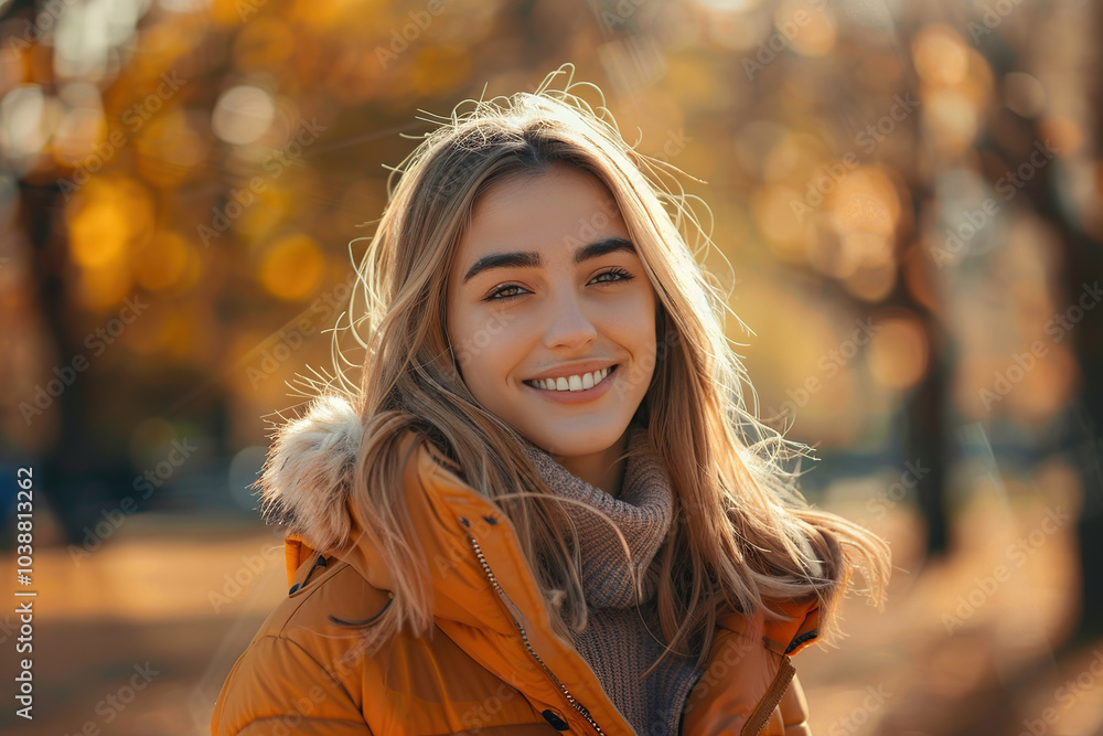 Sticker Young woman in a warm modern clothes in autumn park