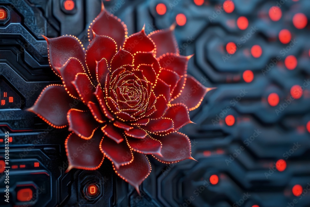 Poster sempervivum plants growing in a futuristic vertical garden, their glowing rosettes arranged in a sle