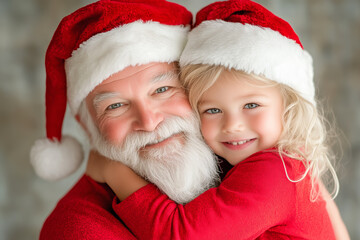 A happy girl hugs her smiling grandfather in a Santa outfit during the holidays